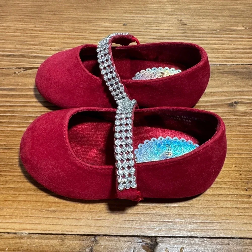 Stuart Weitzman Sugar Ballerina Baby Size 3 Dark Red Rhinestone Mary Jane Flats